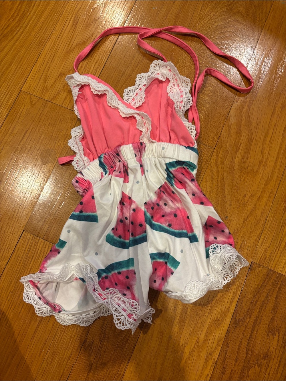 Girls Pink Watermelon-Print Romper with Crochet Lace